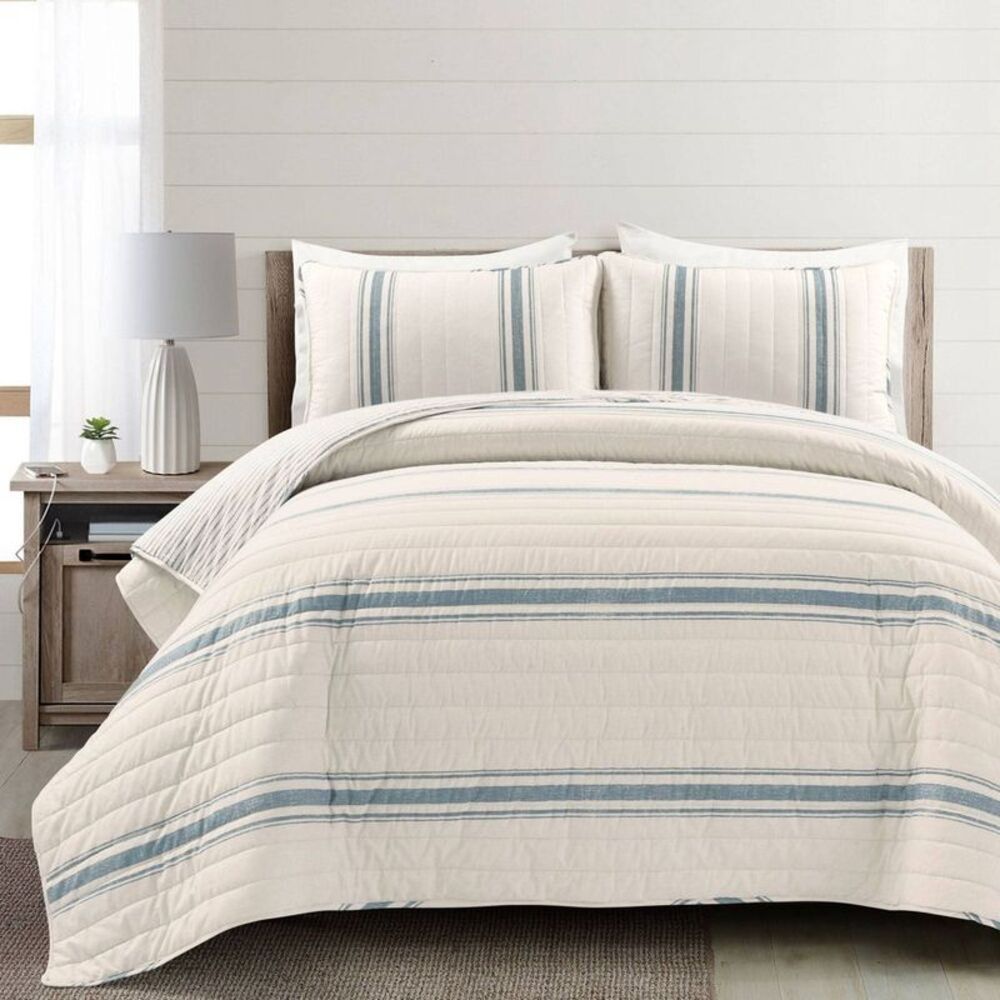 Lush Decor - 2pc Twin/Twin Extra Long Farmhouse Stripe Reversib Blue